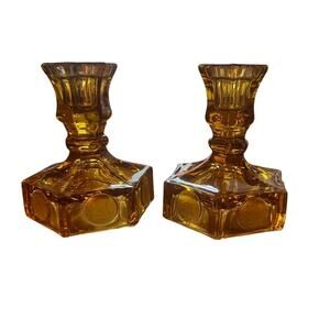 Vintage Pair of Fostoria Amber Coin Glass Condlestick Holder